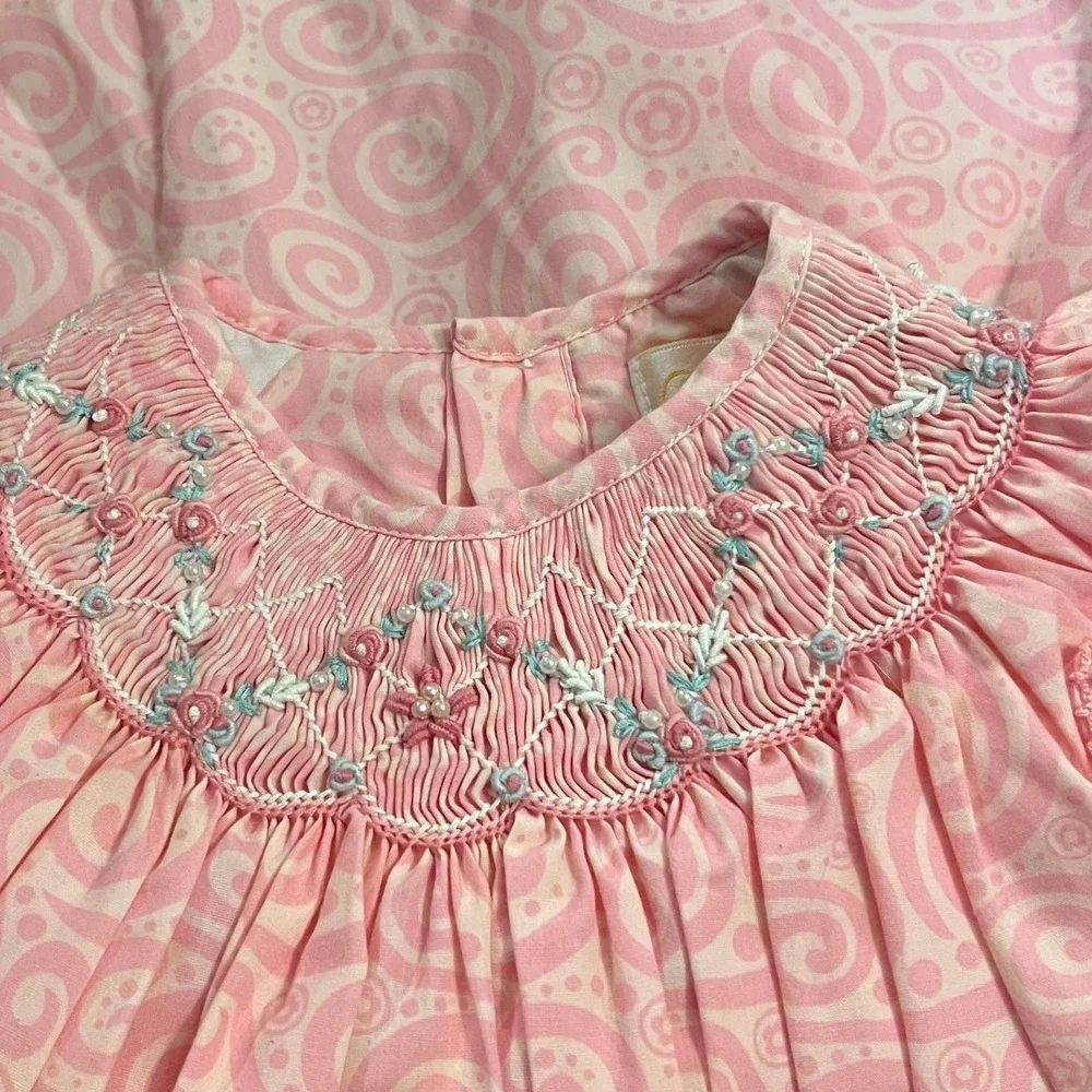 Petit Ami Baby 3 months smocked bishop dress set Pink Floral Dress Diaper Cover